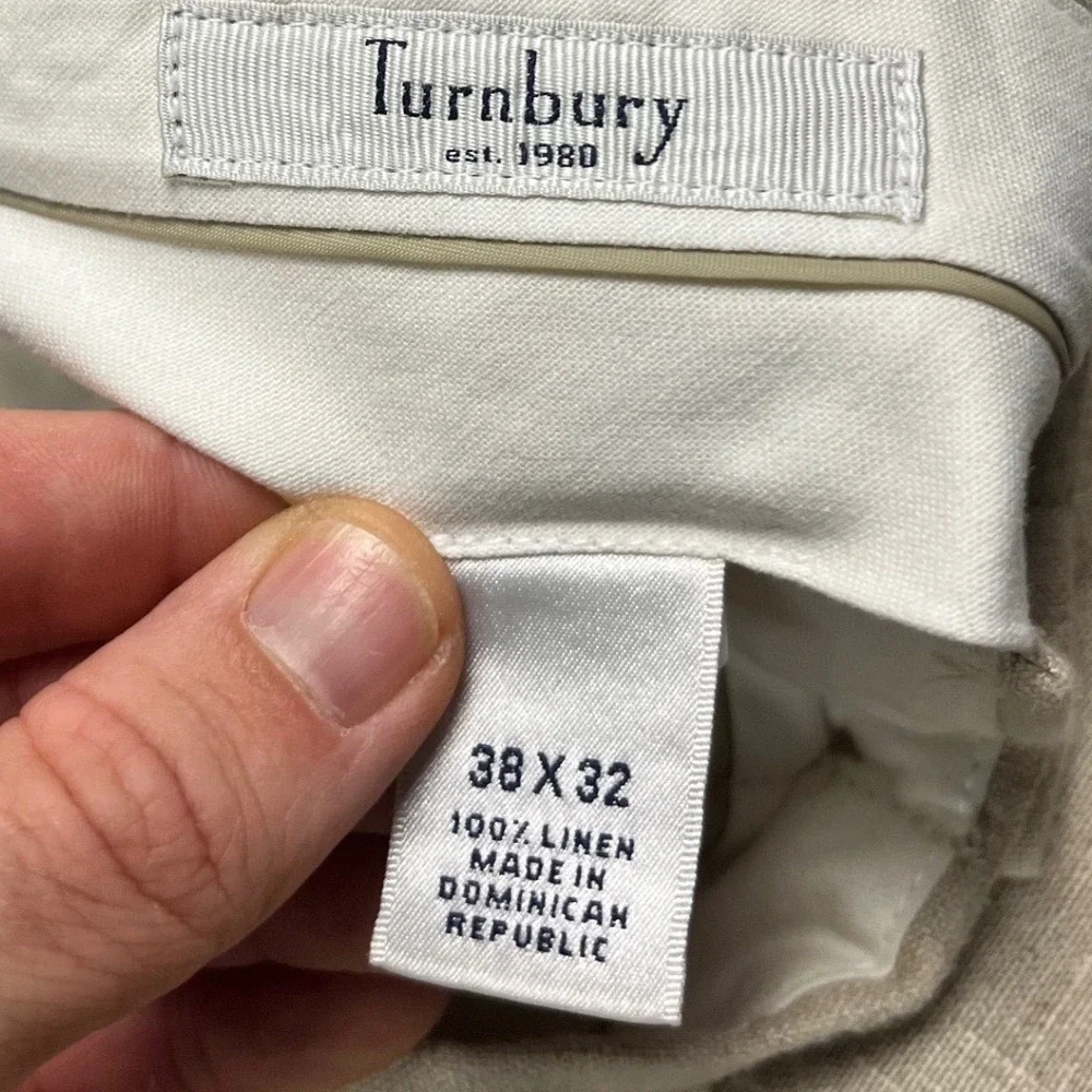 Turnbury Men Linen Pleated Dress Pants Trousers 37x31.5* Tan Cuffed Straight Leg